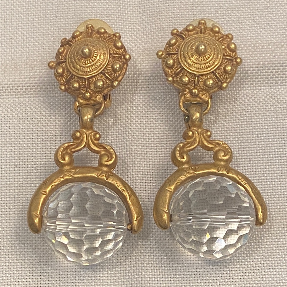 Elegant Vintage 80s/90s DKNY Gold and Clear Crystal Drop Earrings, Runway Glam
